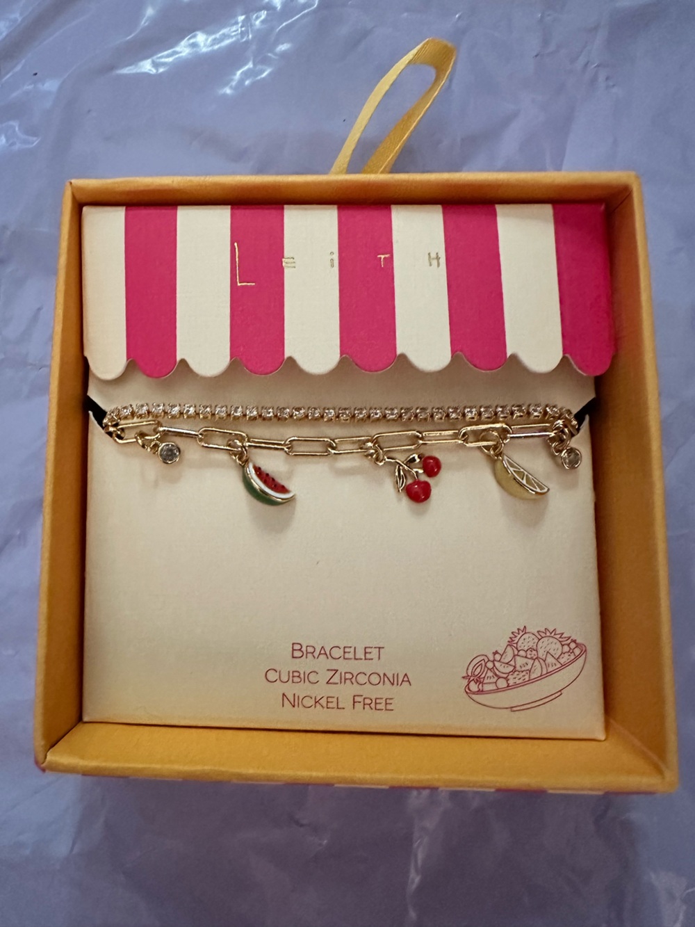 LET H Gold-Tone Charm Bracelet Set with Red & Green Enamel Fruit Charms